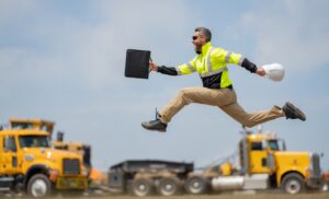 A construction worker happily skips, training with a physical job